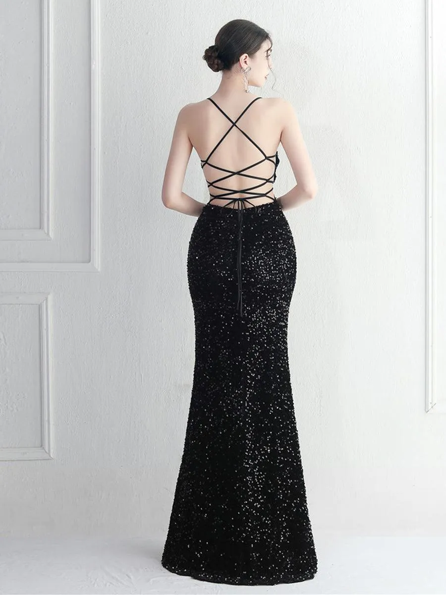 Lace Back Split Sequin Spaghetti Cocktail Dress MYC2004