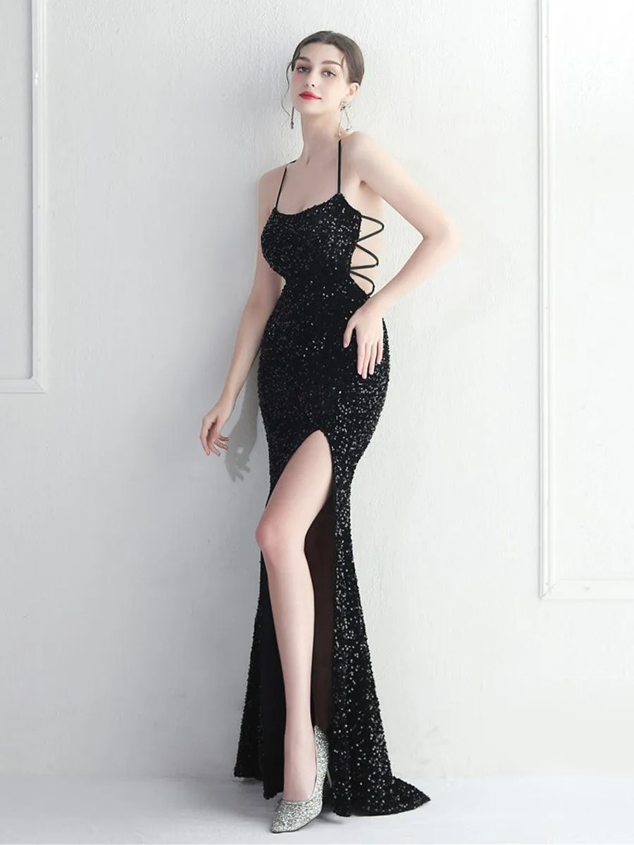 Lace Back Split Sequin Spaghetti Cocktail Dress MYC2004