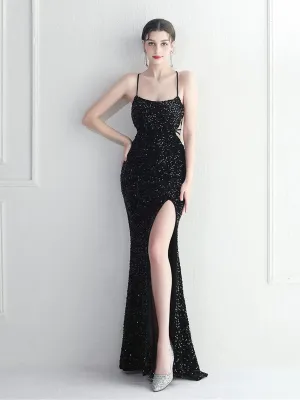 Lace Back Split Sequin Spaghetti Cocktail Dress MYC2004