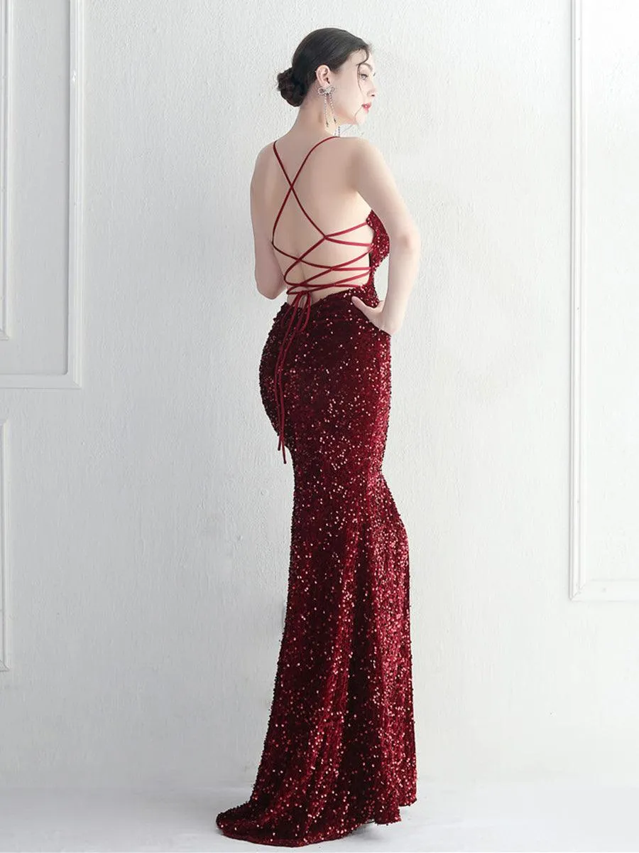 Lace Back Split Sequin Spaghetti Cocktail Dress MYC2004