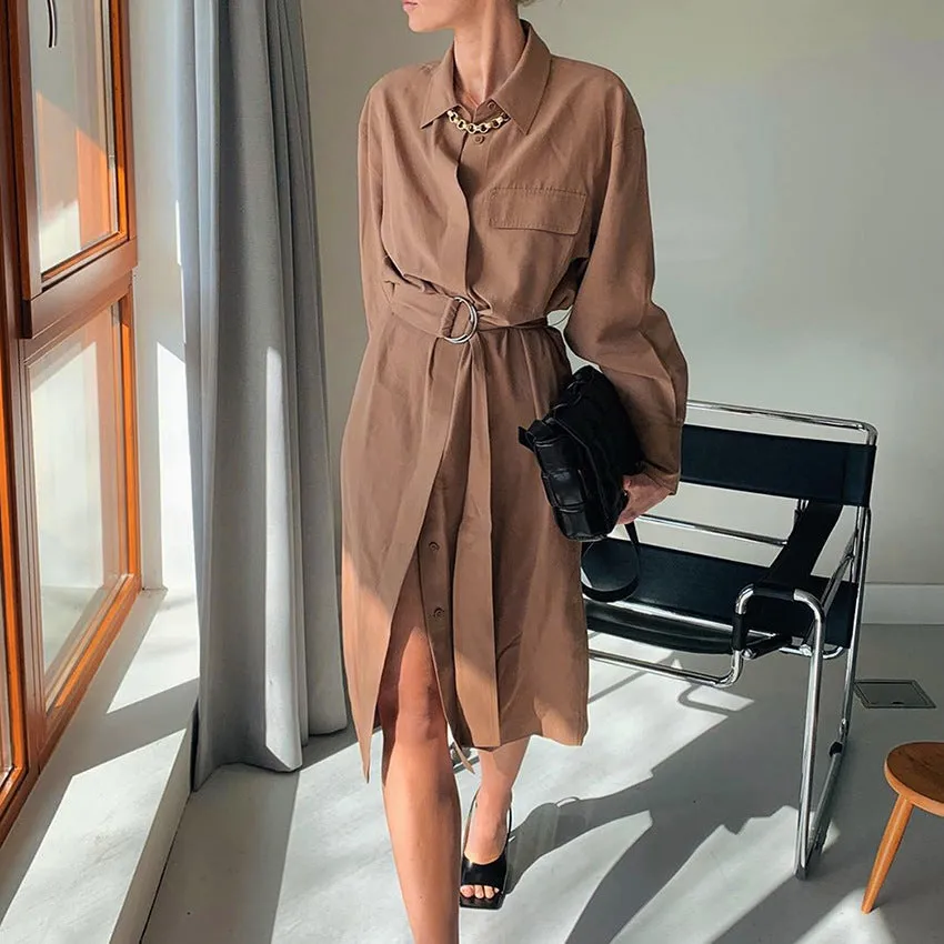 Lace-up Elastic Waist Coat Shirt Midi Dresses