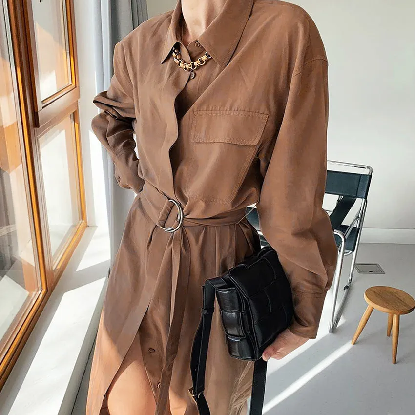 Lace-up Elastic Waist Coat Shirt Midi Dresses