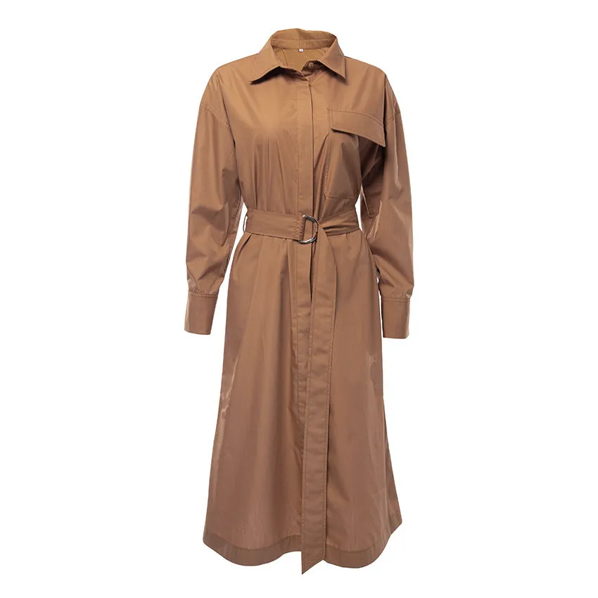 Lace-up Elastic Waist Coat Shirt Midi Dresses