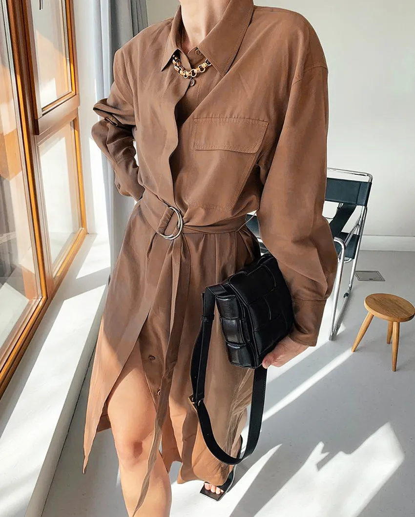 Lace-up Elastic Waist Coat Shirt Midi Dresses