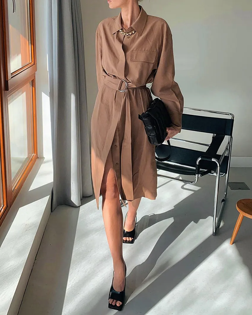 Lace-up Elastic Waist Coat Shirt Midi Dresses