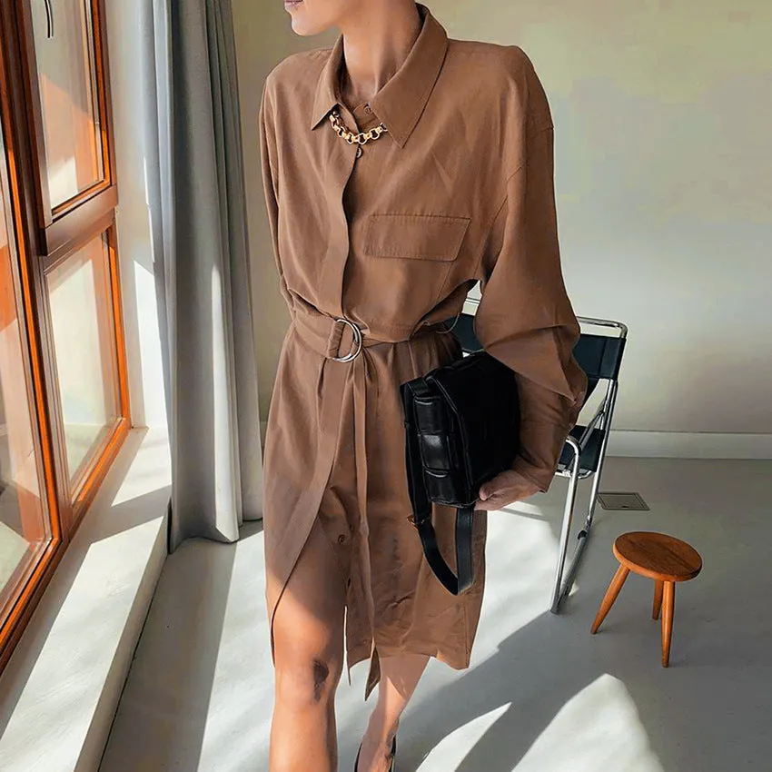 Lace-up Elastic Waist Coat Shirt Midi Dresses