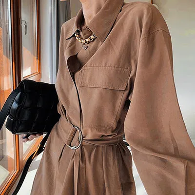 Lace-up Elastic Waist Coat Shirt Midi Dresses