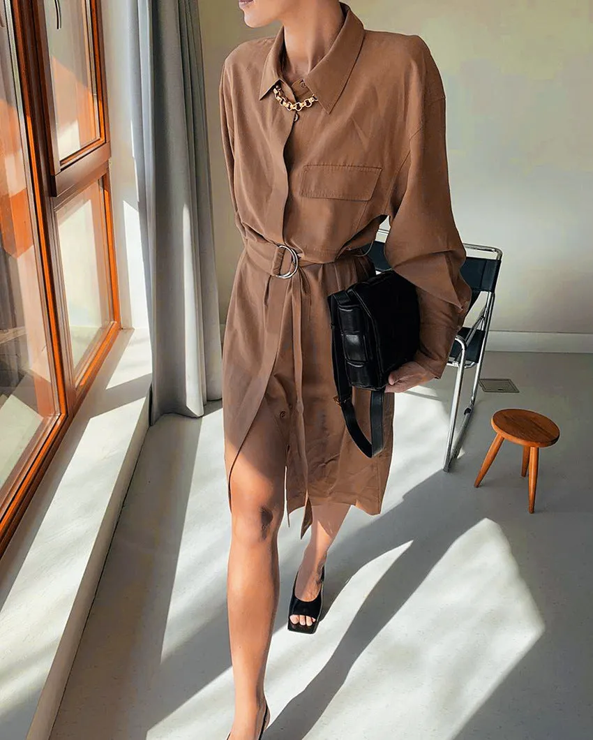 Lace-up Elastic Waist Coat Shirt Midi Dresses