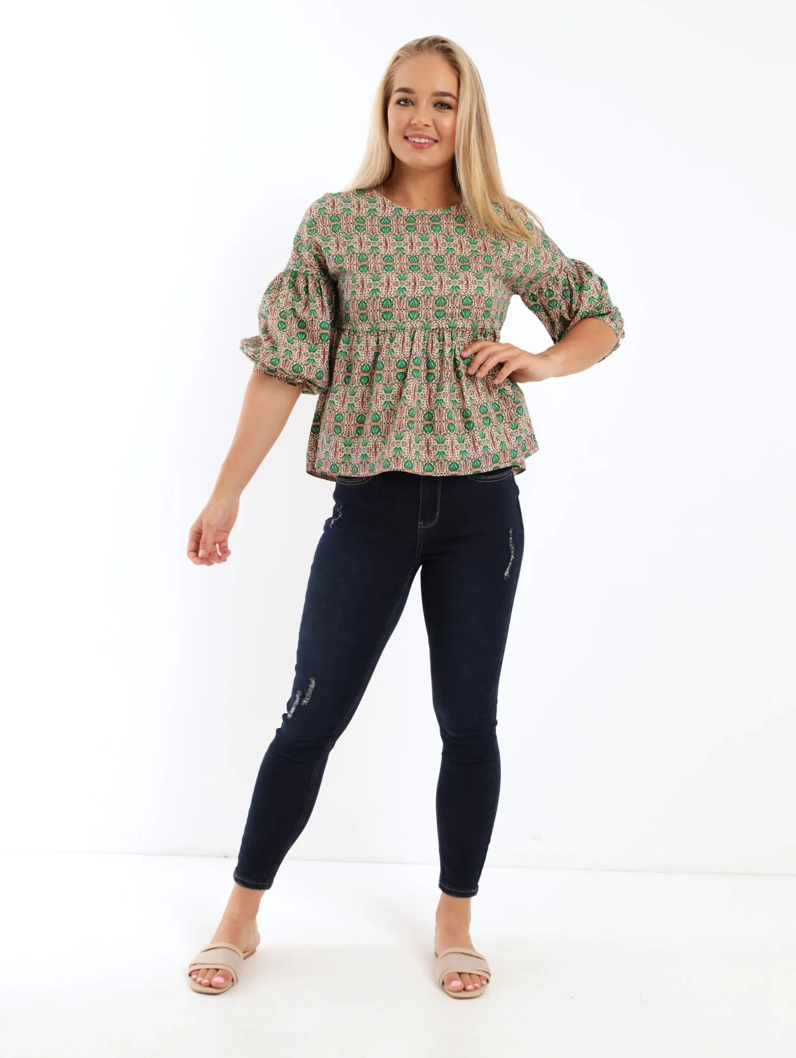 Ladies 3/4 Sleeve Poplin Peplum Bubble Sleeve Blouse - Green
