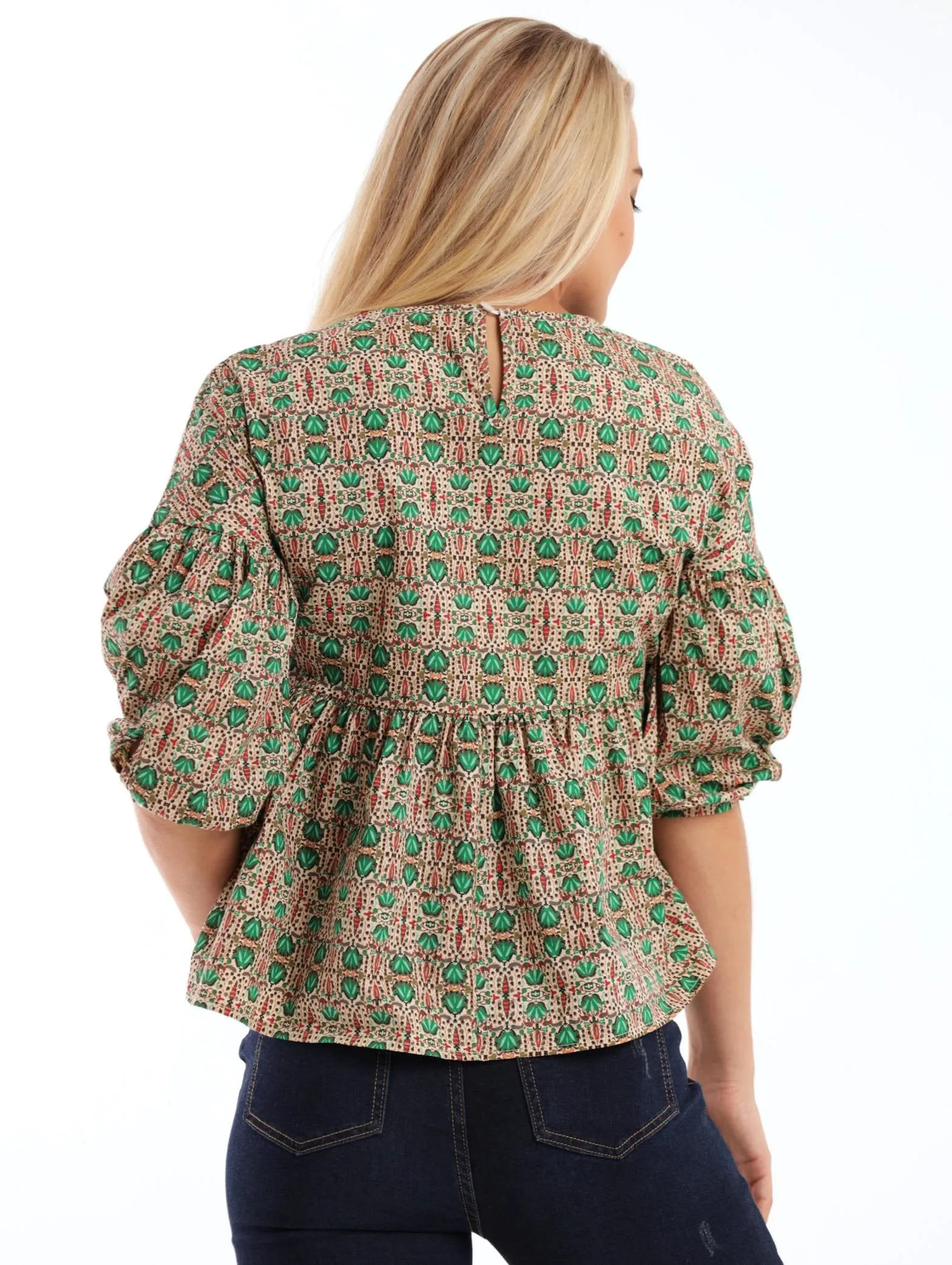 Ladies 3/4 Sleeve Poplin Peplum Bubble Sleeve Blouse - Green