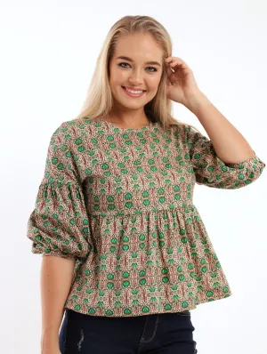 Ladies 3/4 Sleeve Poplin Peplum Bubble Sleeve Blouse - Green