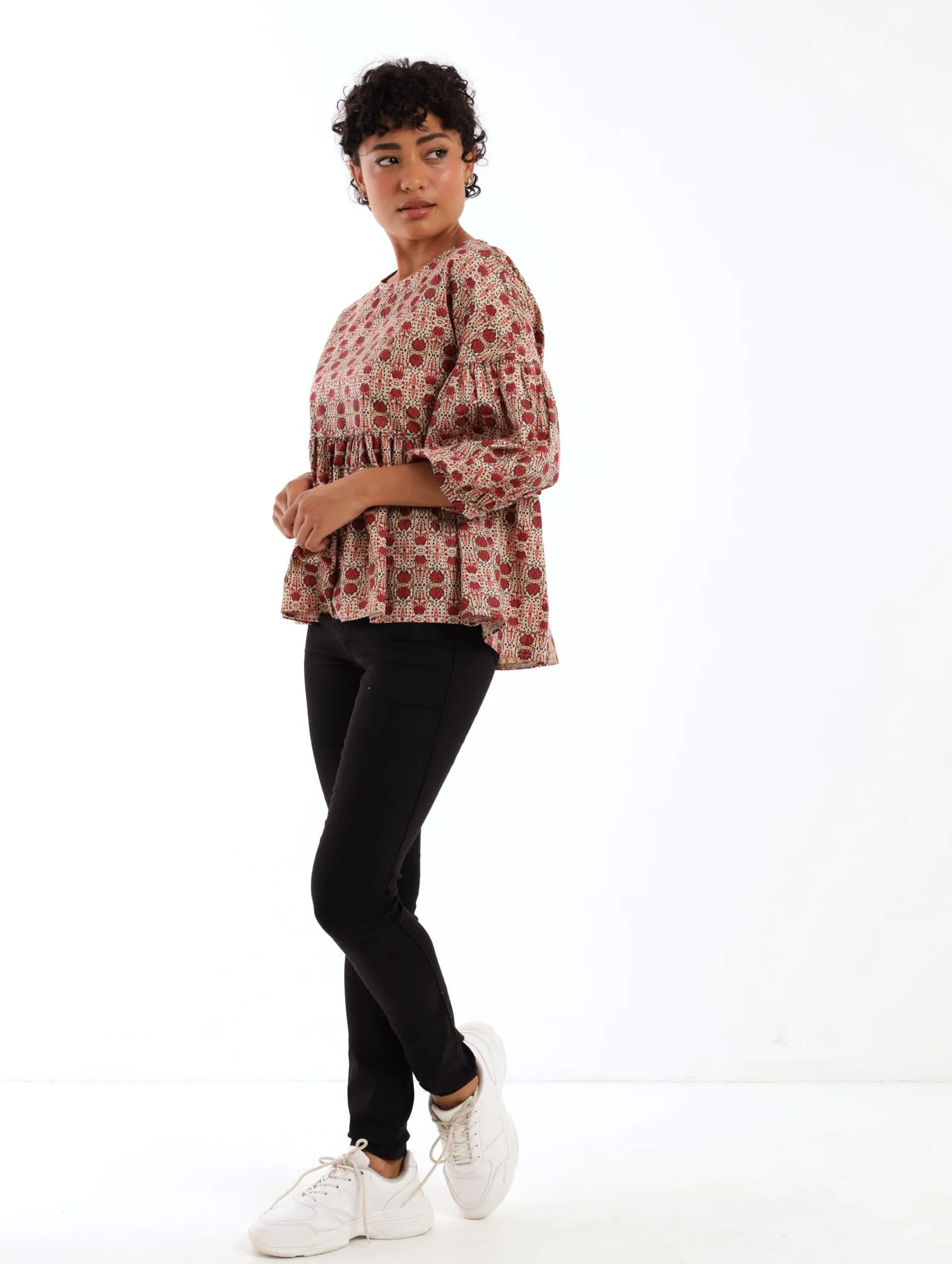 Ladies 3/4 Sleeve Poplin Peplum Bubble Sleeve Blouse - Rust