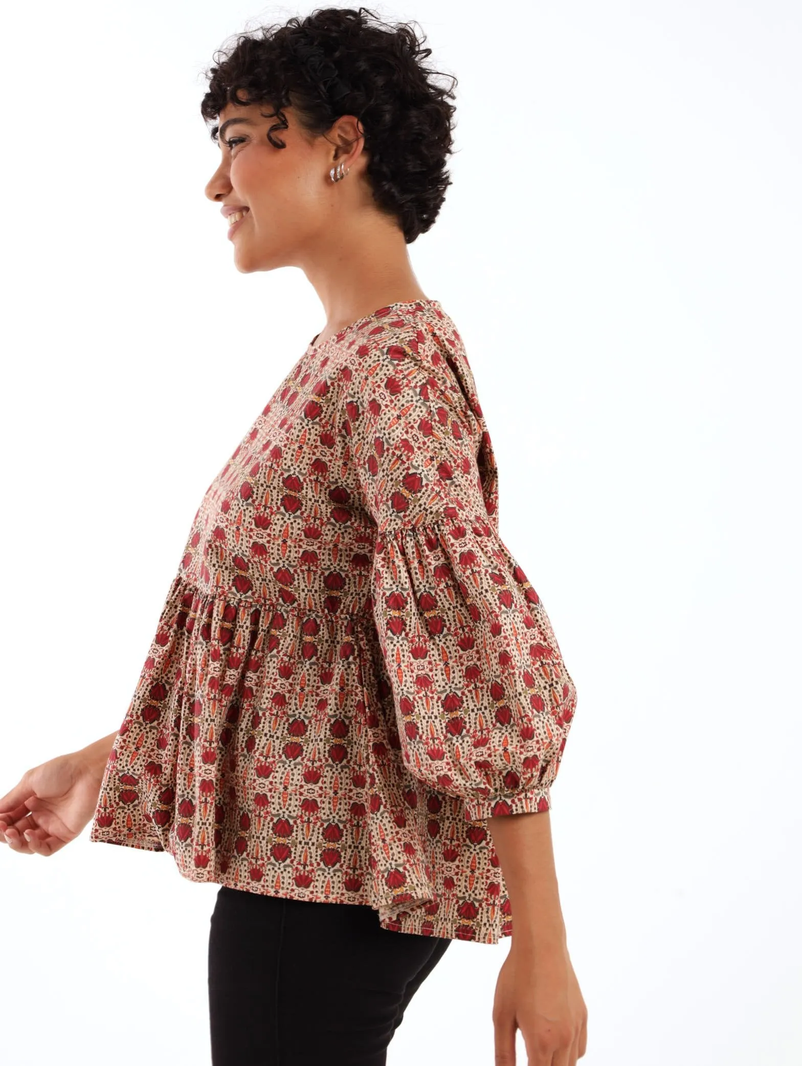 Ladies 3/4 Sleeve Poplin Peplum Bubble Sleeve Blouse - Rust