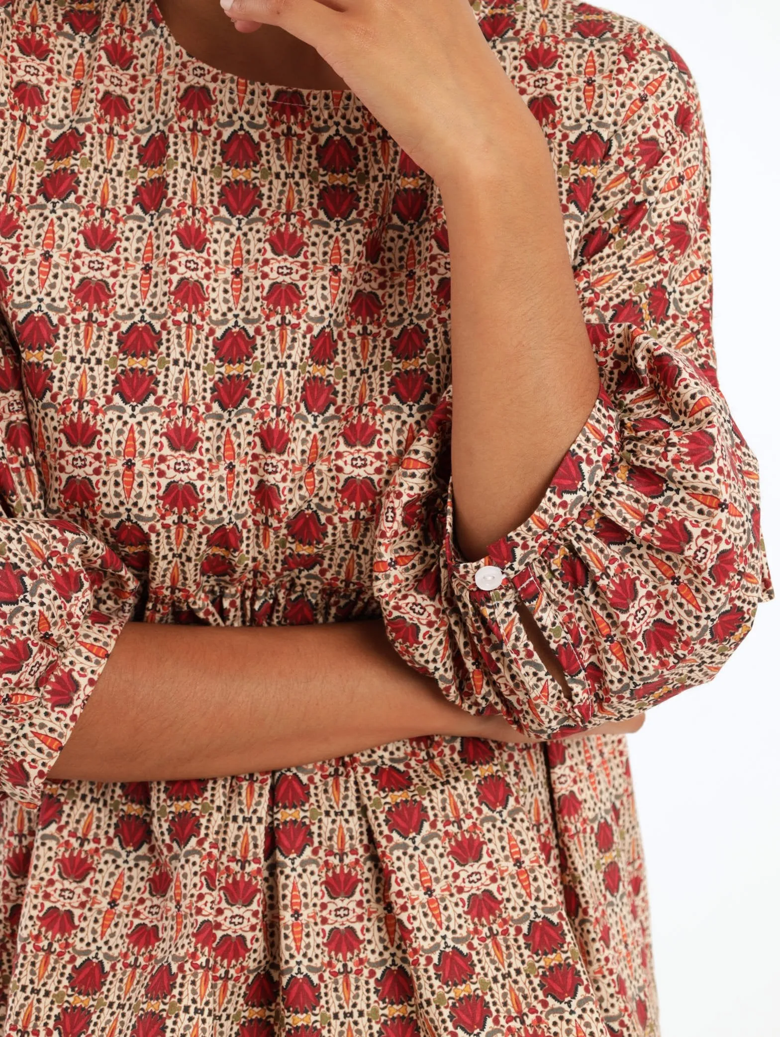 Ladies 3/4 Sleeve Poplin Peplum Bubble Sleeve Blouse - Rust