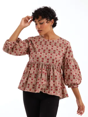 Ladies 3/4 Sleeve Poplin Peplum Bubble Sleeve Blouse - Rust
