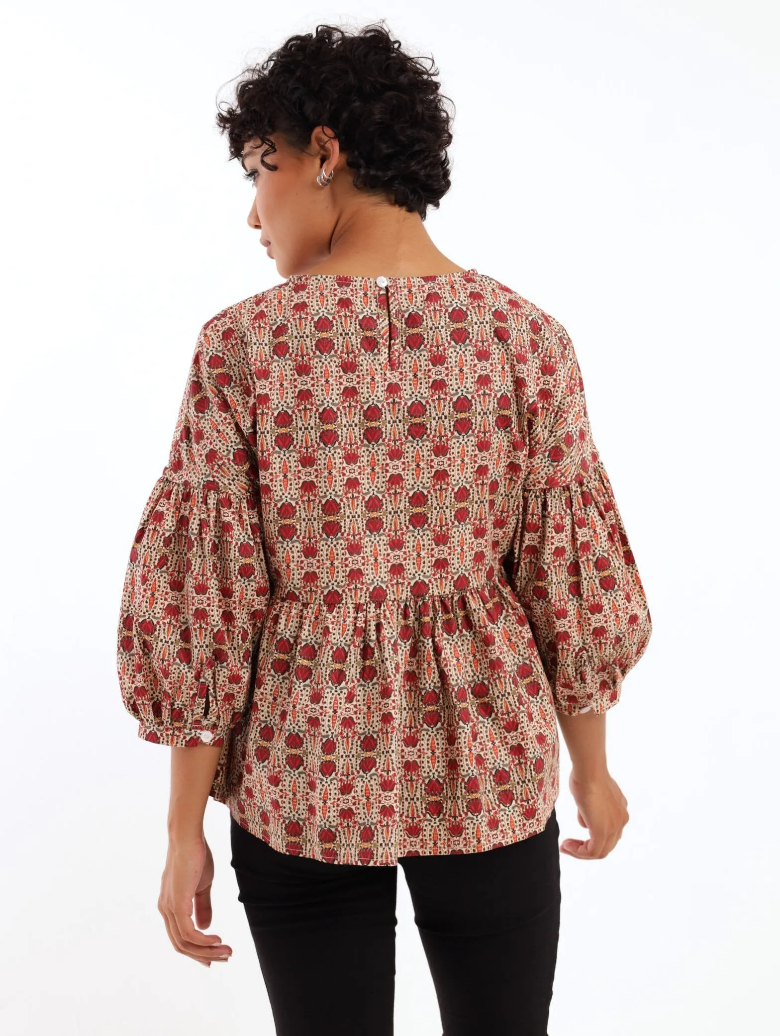 Ladies 3/4 Sleeve Poplin Peplum Bubble Sleeve Blouse - Rust