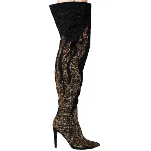 Ladies High Heel Winter Shoes Rhinestone Pointed Toe Thigh High Boots