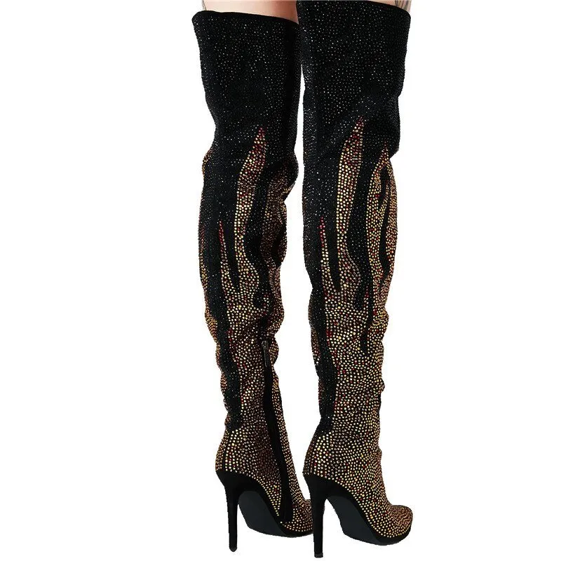 Ladies High Heel Winter Shoes Rhinestone Pointed Toe Thigh High Boots
