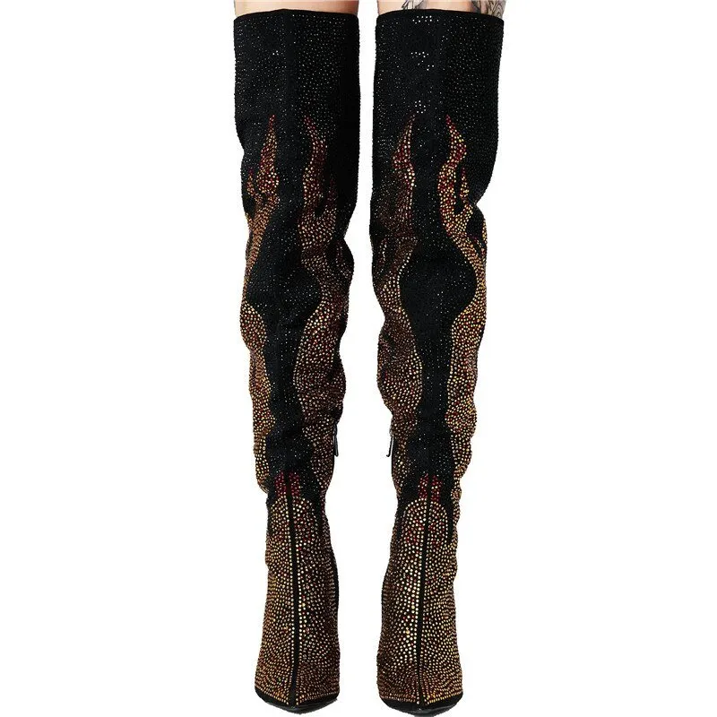 Ladies High Heel Winter Shoes Rhinestone Pointed Toe Thigh High Boots
