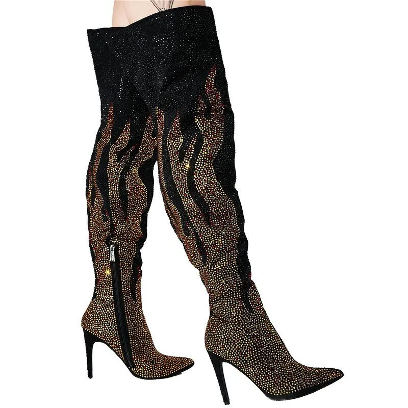 Ladies High Heel Winter Shoes Rhinestone Pointed Toe Thigh High Boots