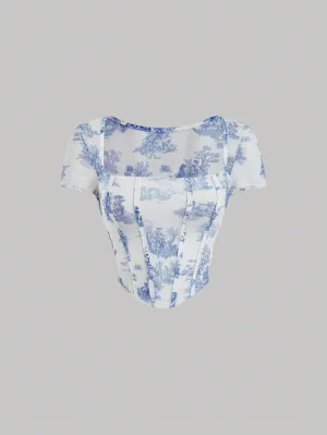 Landscape Print Square Neck Lettuce Trim Curved Hem Tee