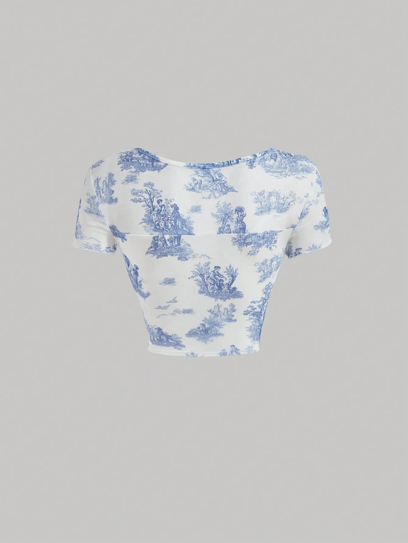 Landscape Print Square Neck Lettuce Trim Curved Hem Tee