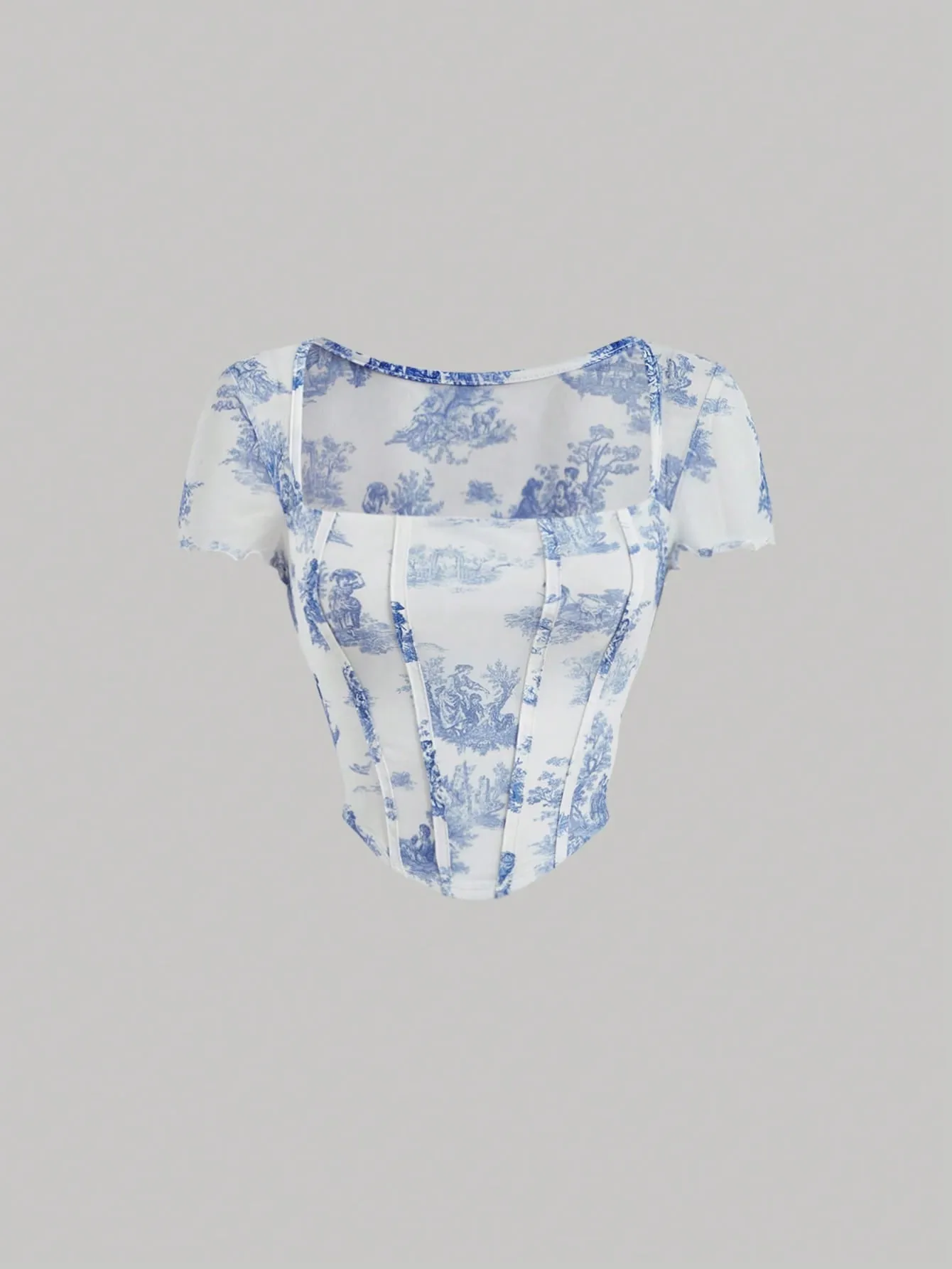 Landscape Print Square Neck Lettuce Trim Curved Hem Tee