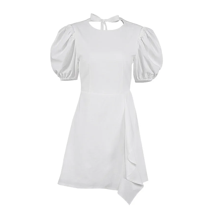 Lantern Bubbles Sleeve Ruffles Hem Backless Party Mini Dresses