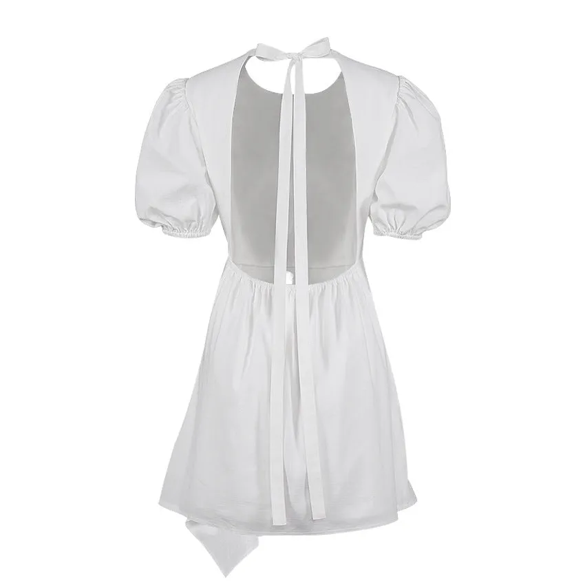 Lantern Bubbles Sleeve Ruffles Hem Backless Party Mini Dresses