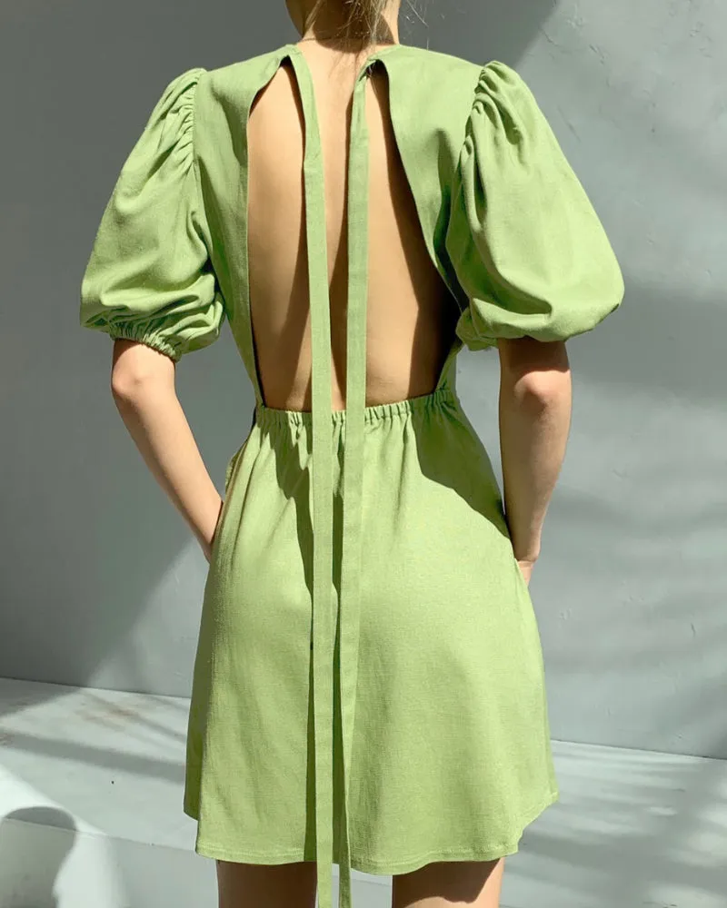 Lantern Bubbles Sleeve Ruffles Hem Backless Party Mini Dresses
