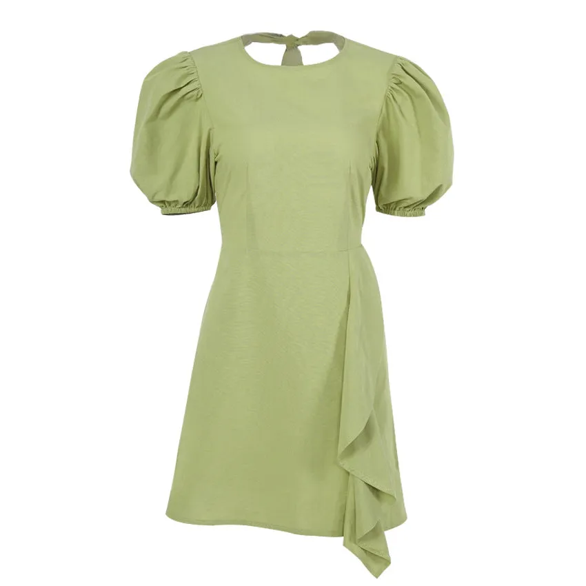 Lantern Bubbles Sleeve Ruffles Hem Backless Party Mini Dresses