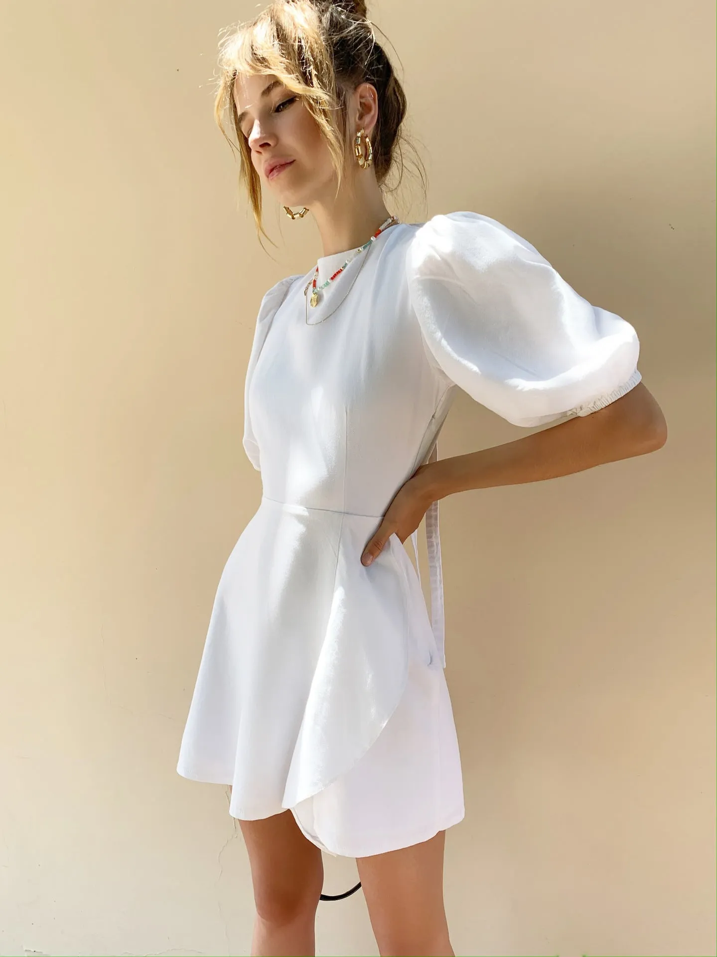Lantern Bubbles Sleeve Ruffles Hem Backless Party Mini Dresses
