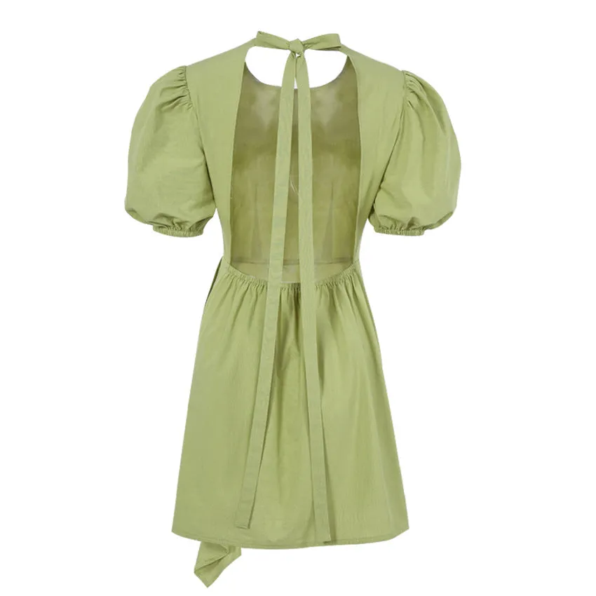 Lantern Bubbles Sleeve Ruffles Hem Backless Party Mini Dresses