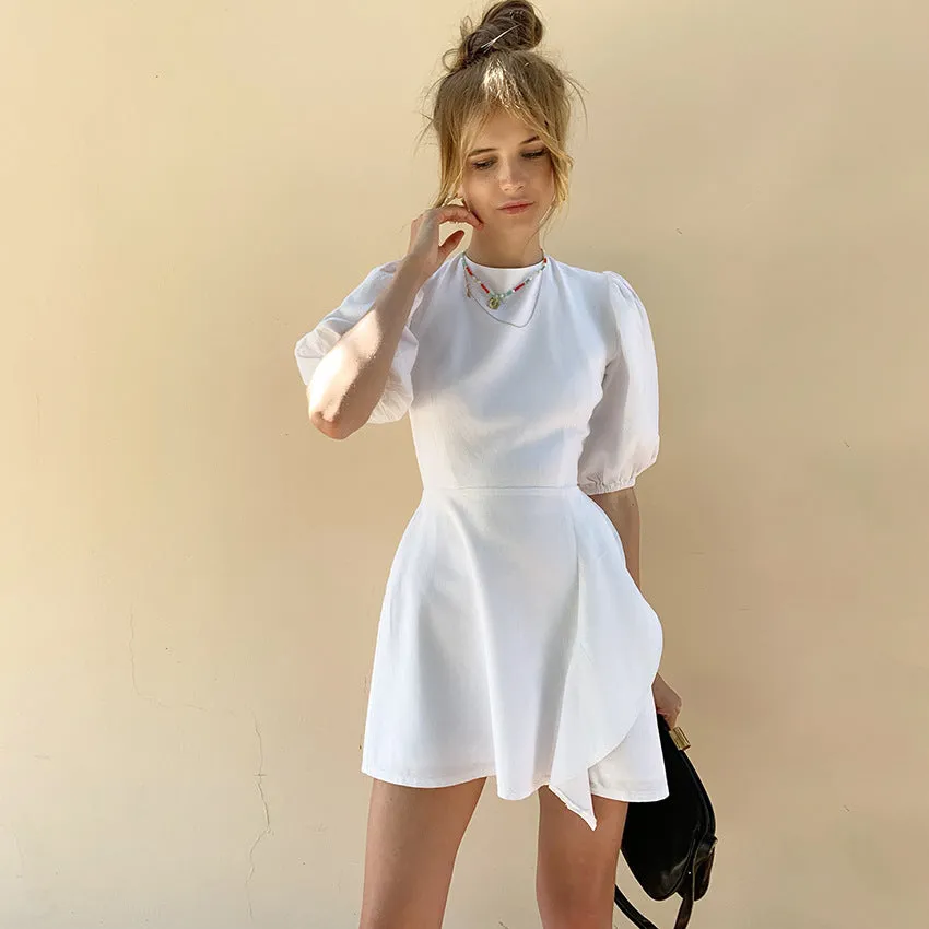 Lantern Bubbles Sleeve Ruffles Hem Backless Party Mini Dresses