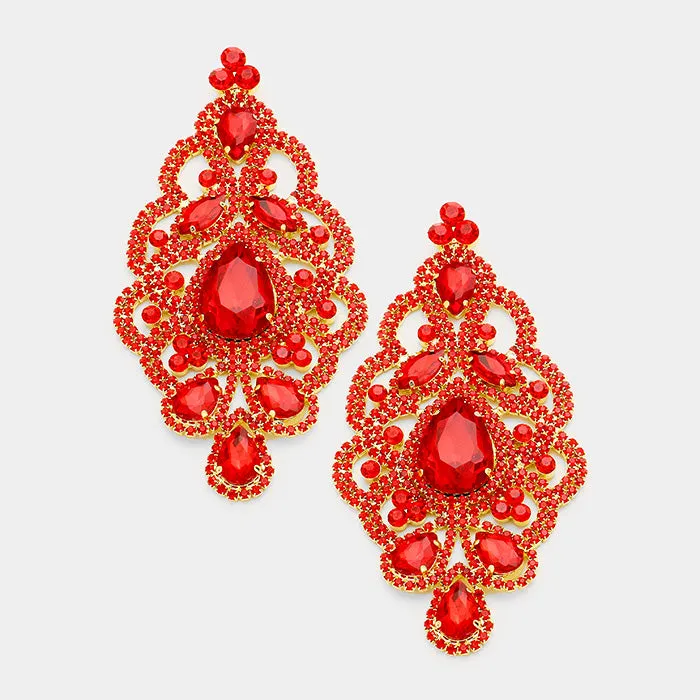 Large Red Crystal and Rhinestone Chandelier Earrings | 361515