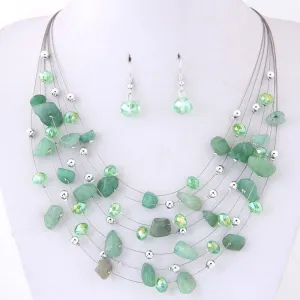 Layered Natural Gemstone Rough Necklace and Earrings 3 PC Jewelry Set, Floating Gem Boho Necklace