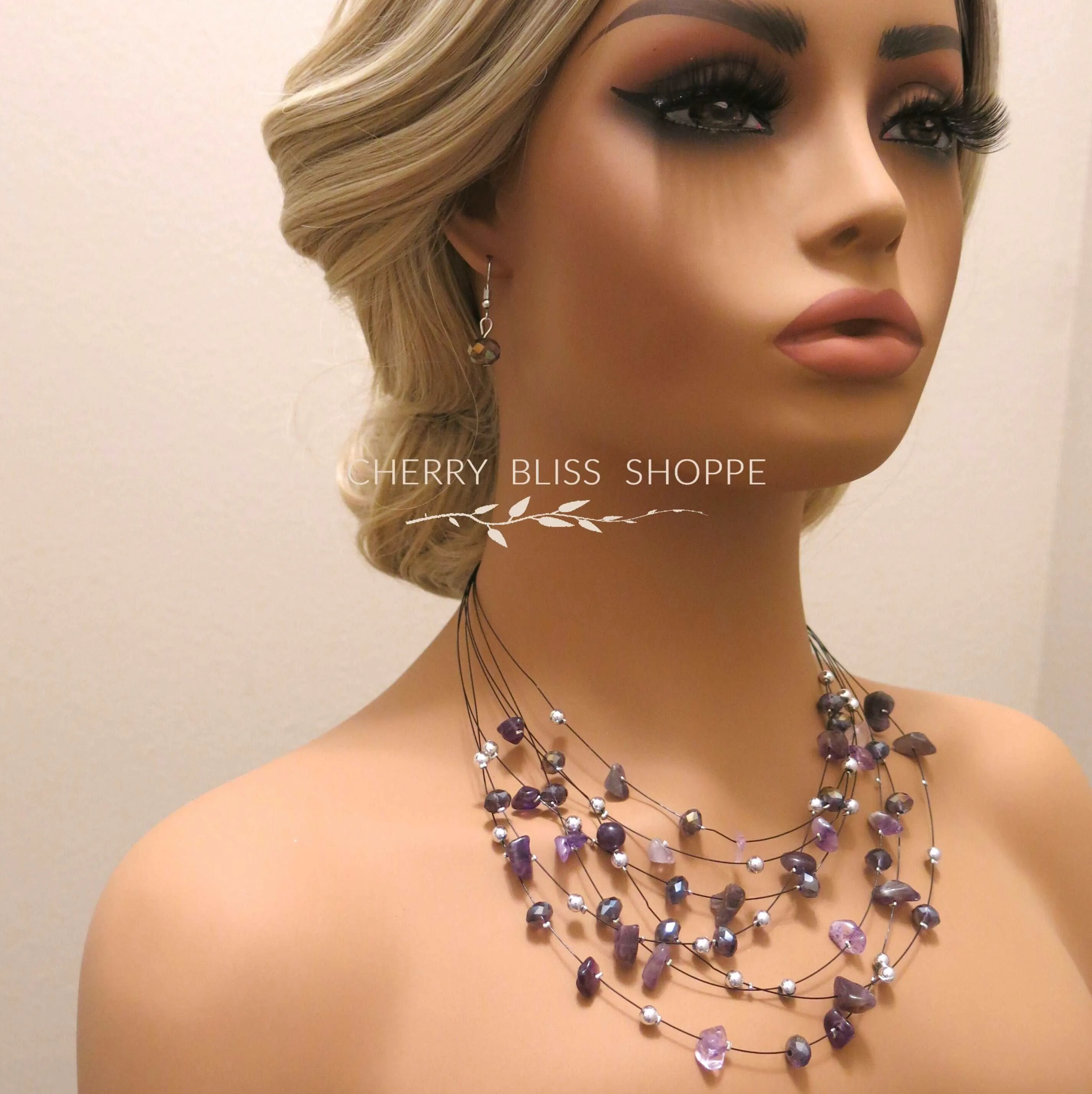 Layered Natural Gemstone Rough Necklace and Earrings 3 PC Jewelry Set, Floating Gem Boho Necklace