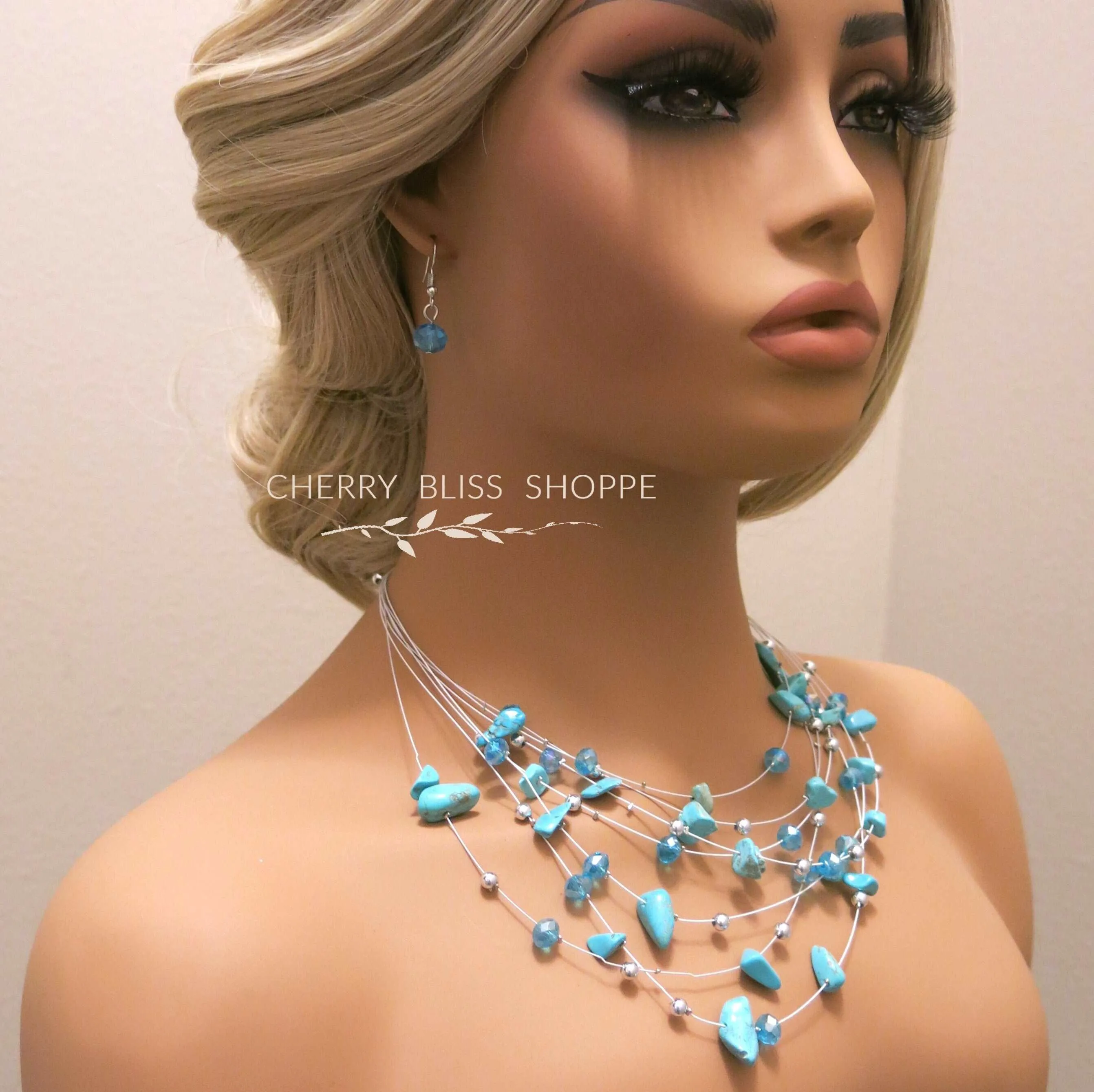 Layered Natural Gemstone Rough Necklace and Earrings 3 PC Jewelry Set, Floating Gem Boho Necklace