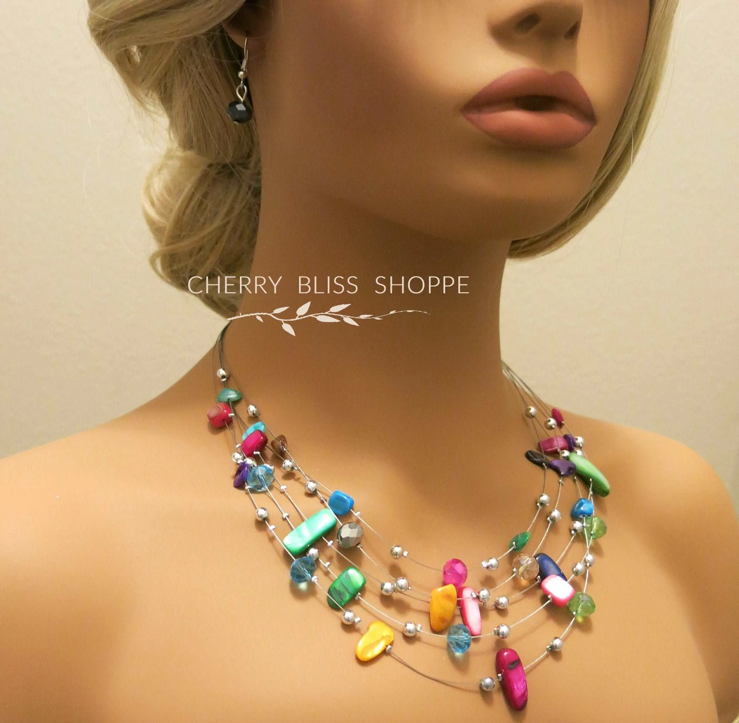 Layered Natural Gemstone Rough Necklace and Earrings 3 PC Jewelry Set, Floating Gem Boho Necklace