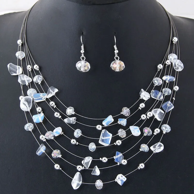 Layered Natural Gemstone Rough Necklace and Earrings 3 PC Jewelry Set, Floating Gem Boho Necklace