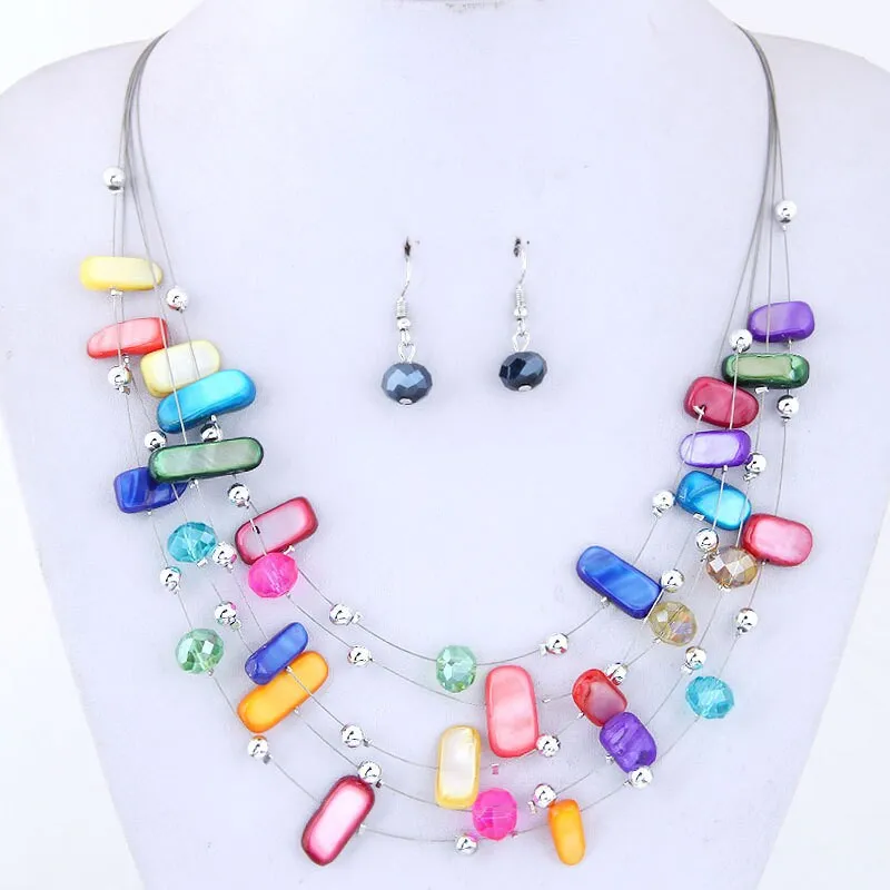 Layered Natural Gemstone Rough Necklace and Earrings 3 PC Jewelry Set, Floating Gem Boho Necklace