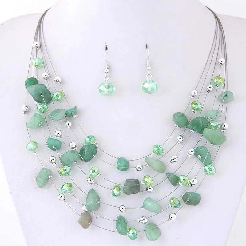 Layered Natural Gemstone Rough Necklace and Earrings 3 PC Jewelry Set, Floating Gem Boho Necklace