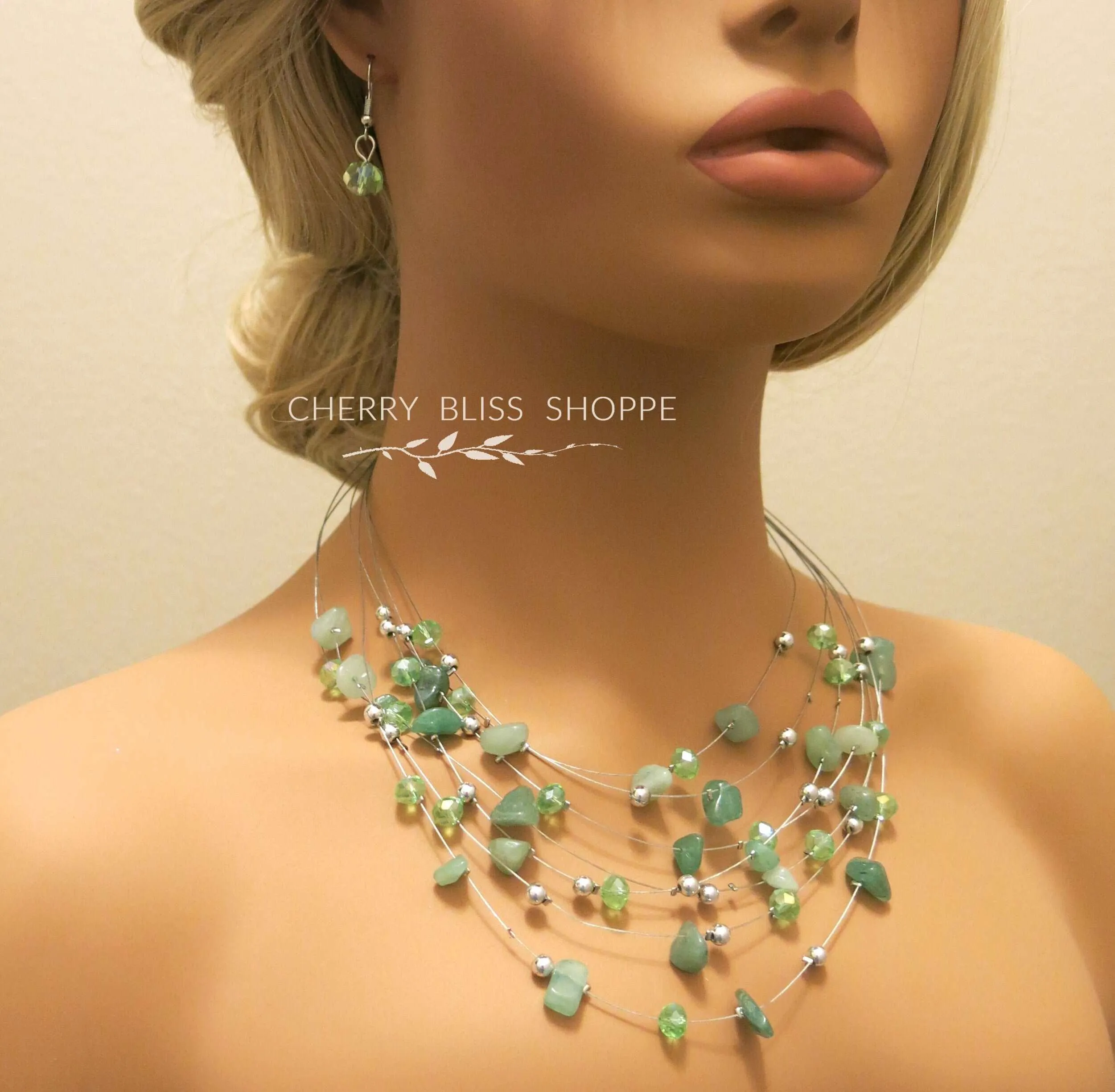 Layered Natural Gemstone Rough Necklace and Earrings 3 PC Jewelry Set, Floating Gem Boho Necklace