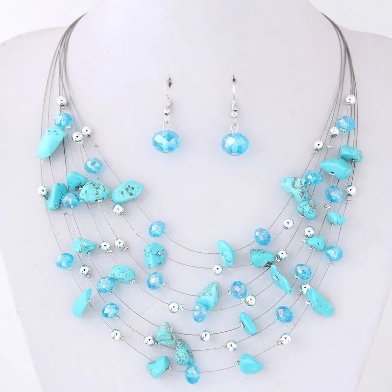 Layered Natural Gemstone Rough Necklace and Earrings 3 PC Jewelry Set, Floating Gem Boho Necklace