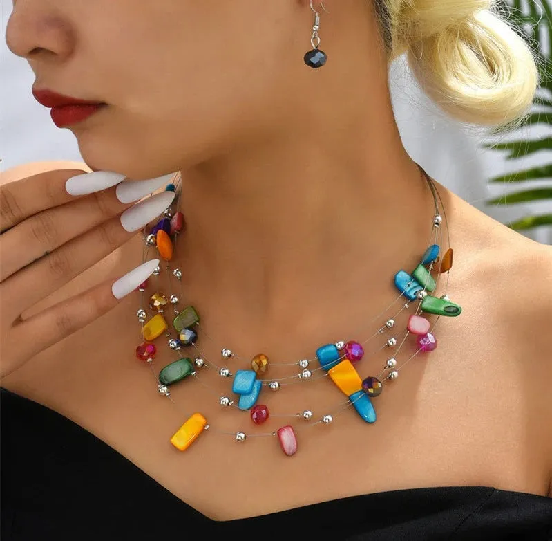 Layered Natural Gemstone Rough Necklace and Earrings 3 PC Jewelry Set, Floating Gem Boho Necklace