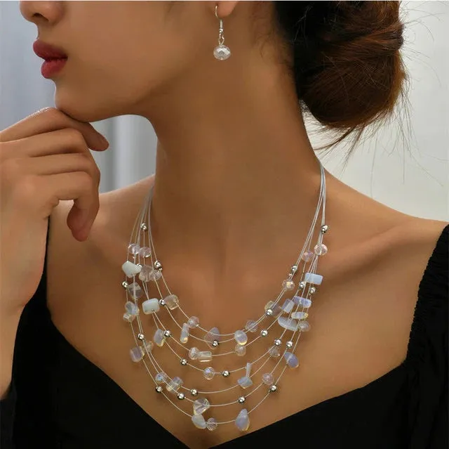 Layered Natural Gemstone Rough Necklace and Earrings 3 PC Jewelry Set, Floating Gem Boho Necklace