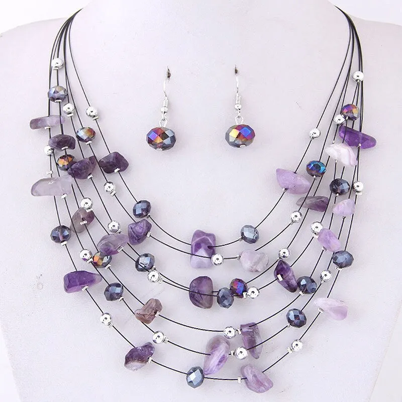 Layered Natural Gemstone Rough Necklace and Earrings 3 PC Jewelry Set, Floating Gem Boho Necklace