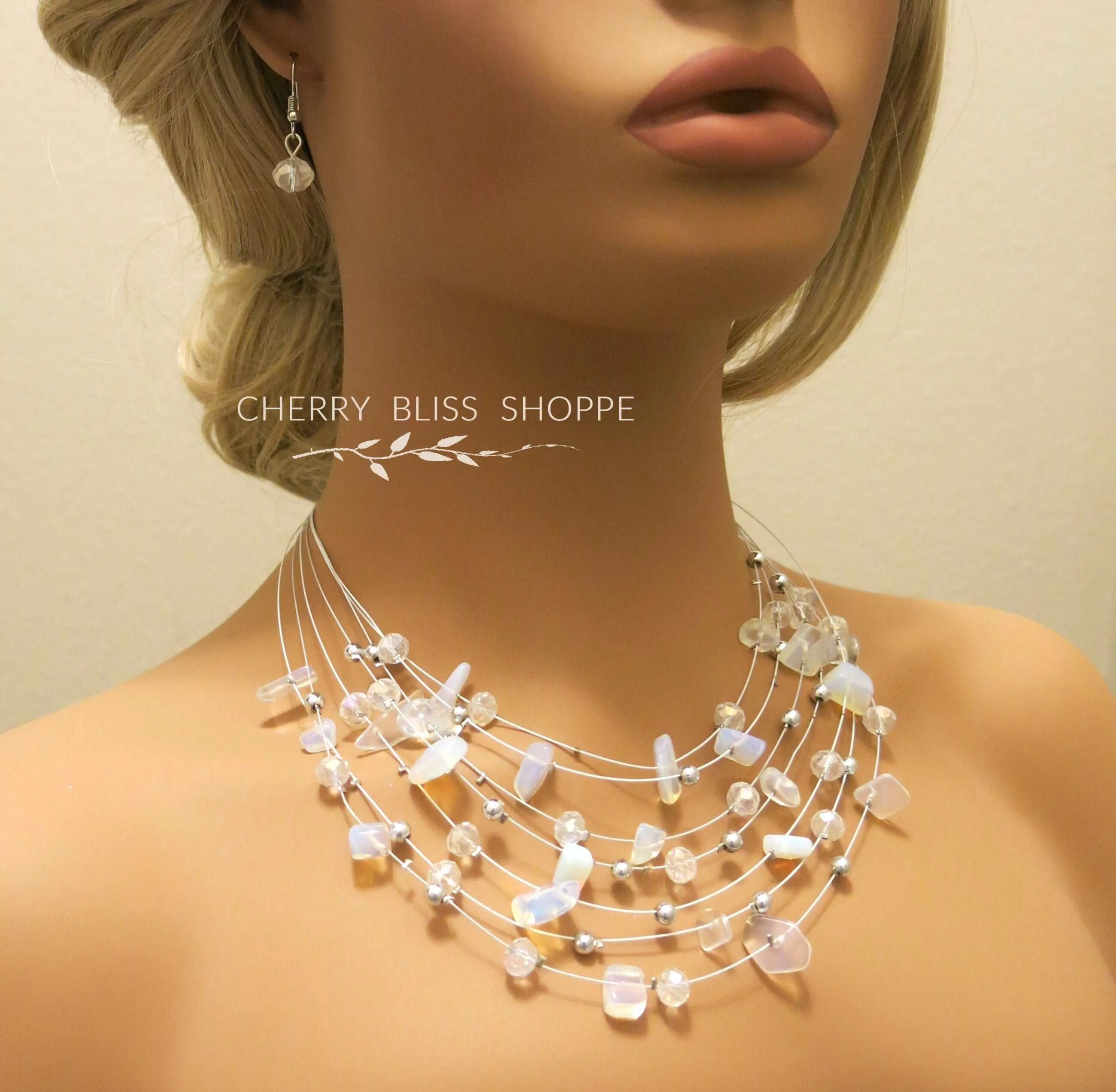 Layered Natural Gemstone Rough Necklace and Earrings 3 PC Jewelry Set, Floating Gem Boho Necklace