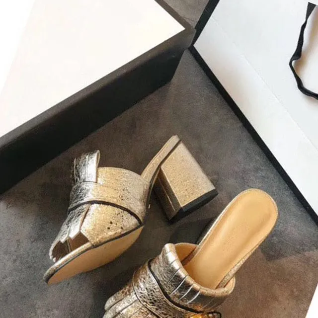 leather Fish mouth toe heels Luxury  women gg shoes retro fashion tassels high heels footwear women pumps