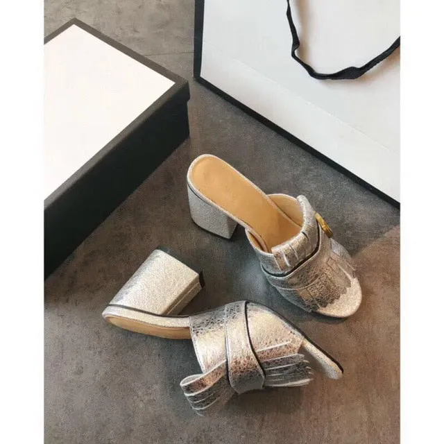 leather Fish mouth toe heels Luxury  women gg shoes retro fashion tassels high heels footwear women pumps